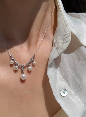 欧美轻奢锆石几何珍珠锁骨链