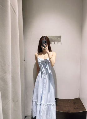 SHampUR2026夏季新款女装休闲度假风条纹绑带吊带连衣裙UYL760040