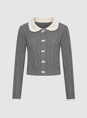 2025秋季新款女装复古学院娃娃领蝴蝶结装饰针织开衫UYY950071