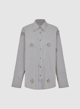 2025秋季新款女装休闲立体花朵撞色格纹开襟衬衫UYL250116