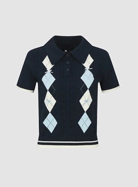 SHampUR2026春季新款女装都市学院风菱格纹翻领针织衫UYU960036