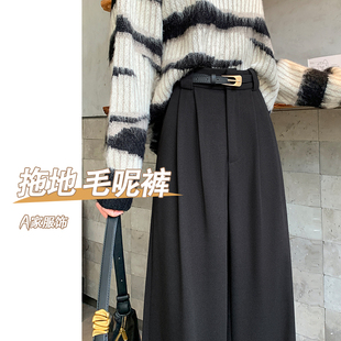 阔腿毛呢裤女秋冬2025新款人字纹加厚高腰黑色小个子直筒休闲长裤