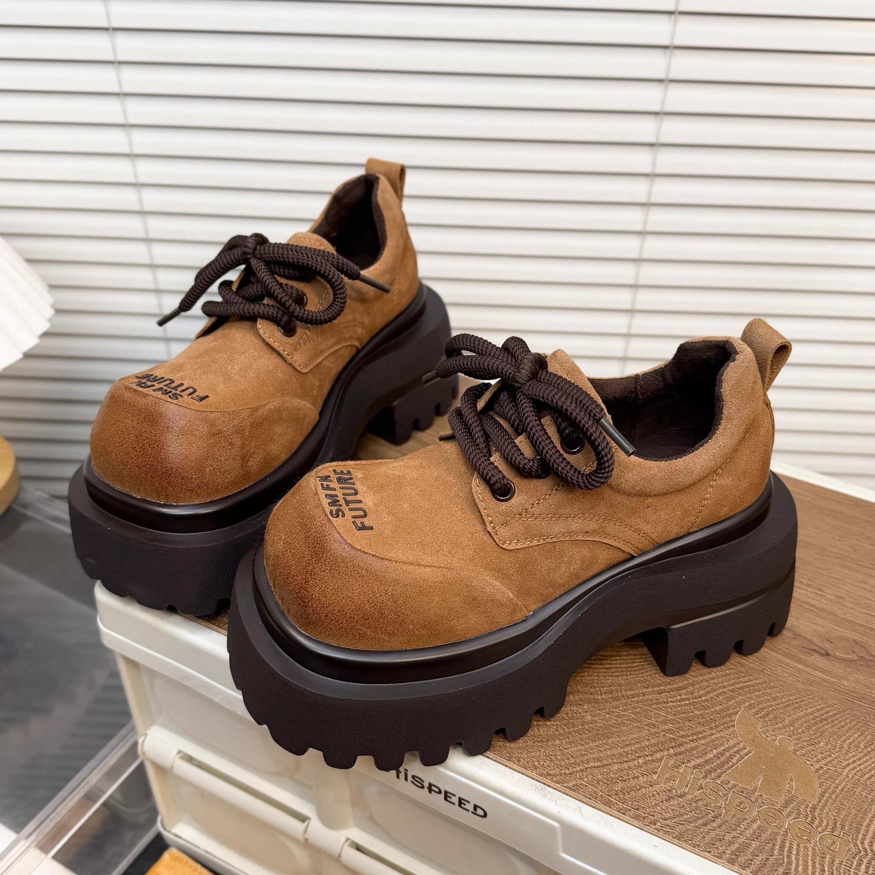 日本OFFCAT真皮厚底大头德比小皮鞋女复古系带增高冬季加绒乐福鞋