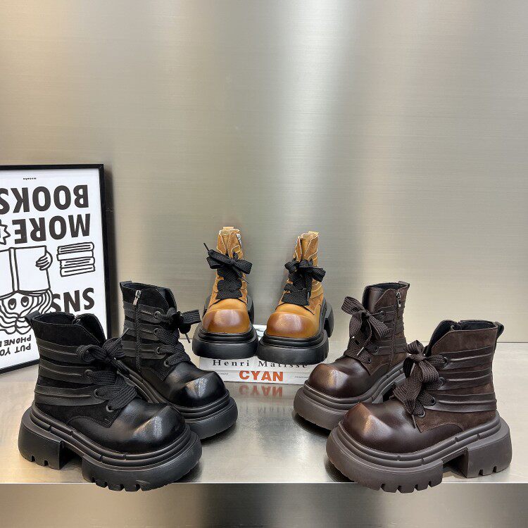 日本OFFCAT厚底马丁靴女款2025新款秋冬小个子增高棕色加绒低帮短