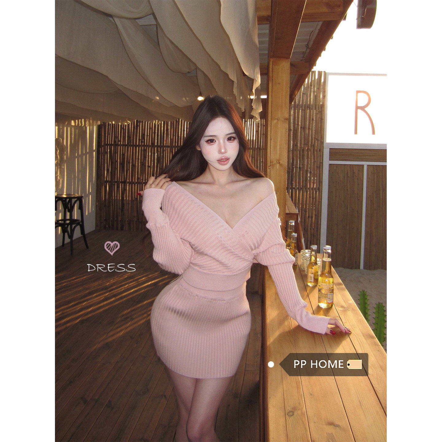 日本OFFCAT纯欲辣妹风粉色v领长袖毛衣女秋冬高腰包臀裙半身裙两,女装/女士精品,毛针织衫,淘宝优惠券,粉丝福利购,淘宝优惠卷