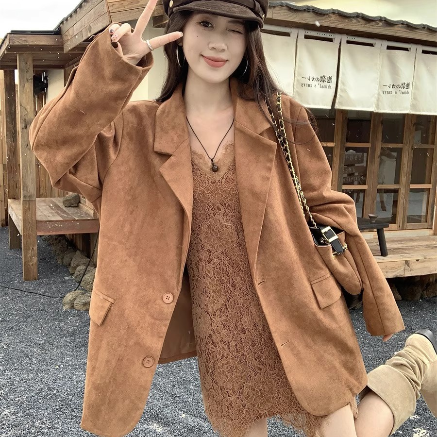 日本OFFCAT卡其色西装外套女秋季高级宽松气质翻领麂皮绒休闲西服