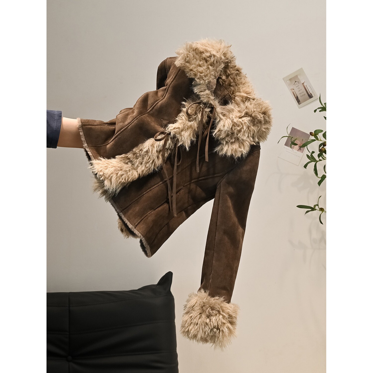 日本OFFCAT美拉德复古棕色皮毛一体外套女冬小个子短款鹿皮绒厚夹