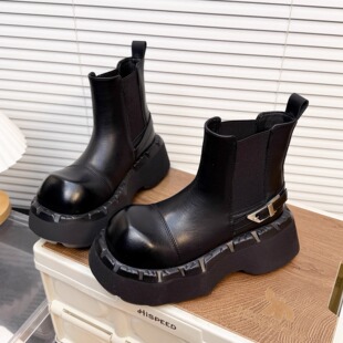 日本OFFCAT真皮松糕厚底切尔西短靴女2025冬季加绒松紧口马丁靴潮