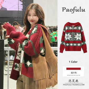 日本OFFCAT一枝南南同款圣诞新年红色雪花连帽毛衣女秋冬季宽松针