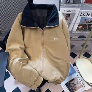 日本OFFCAT美式复古卡其色刺绣翻领棉服外套女秋冬加厚夹棉工装休