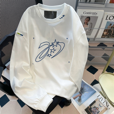 日本OFFCAT韩系慵懒chic星星刺绣长袖t恤女秋季复古学院风oversiz
