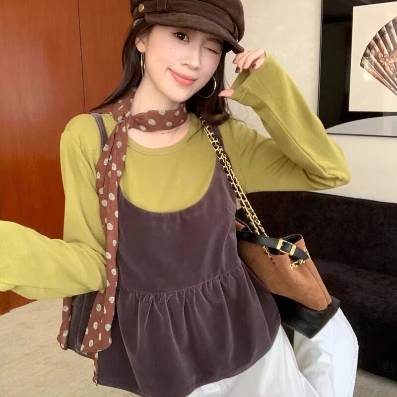 日本OFFCAT咖色丝绒吊带背心女秋甜美修身圆领长袖T恤叠穿两件套