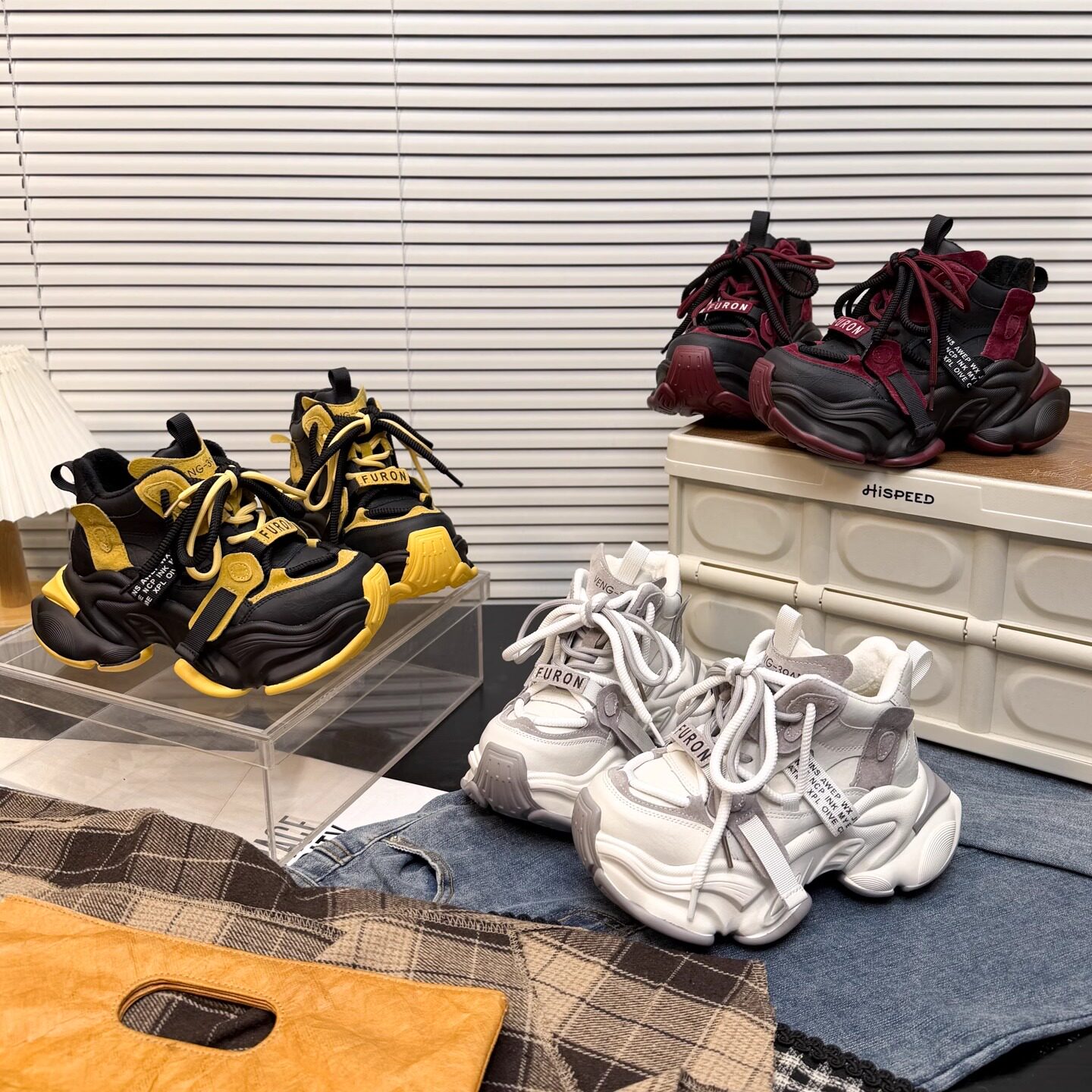 日本OFFCAT真皮厚底加绒高帮老爹鞋女运动休闲鞋松糕底系带跑步鞋