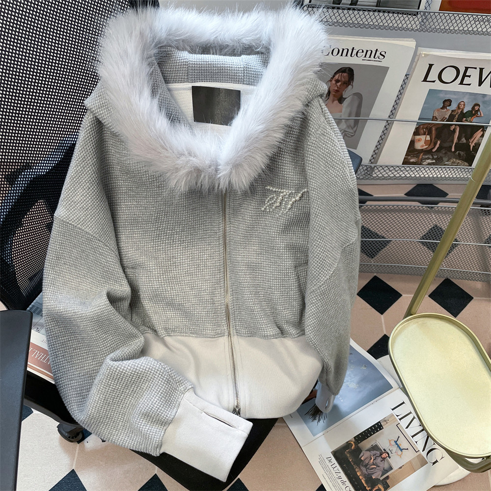 日本OFFCAT灰色高级感重工短款卫衣外套女初秋冬小众设计感气质毛