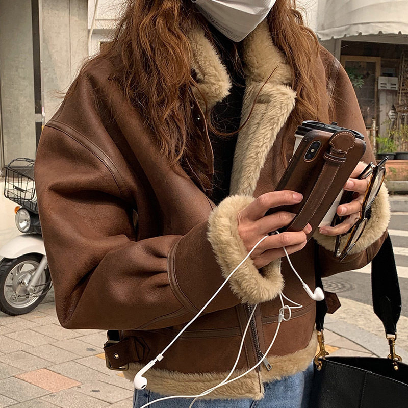 皮毛一体羊羔毛外套女2025冬季覆古加厚小个子短款机车服外套女潮