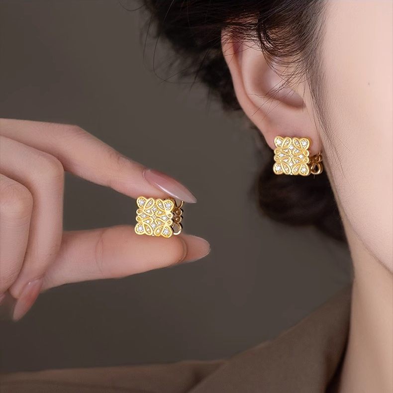 双面镂空方形耳扣微镶锆石耳环金色银色欧美个性气质百搭耳钉耳饰