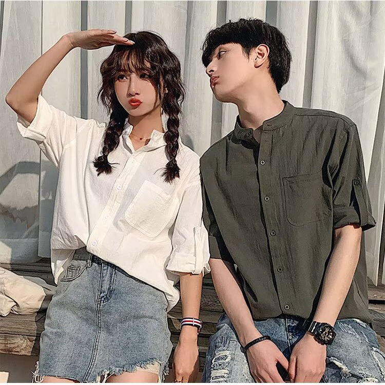 夏季短袖衬衫男港风韩版潮流百搭小清新立领宽松bf亚麻情侣装
