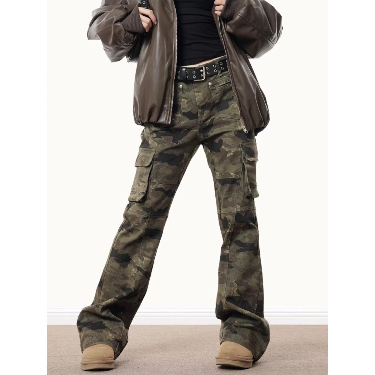 美式复古迷彩修身牛仔裤男军迷新款高腰显瘦窄版直筒休闲拖地长裤