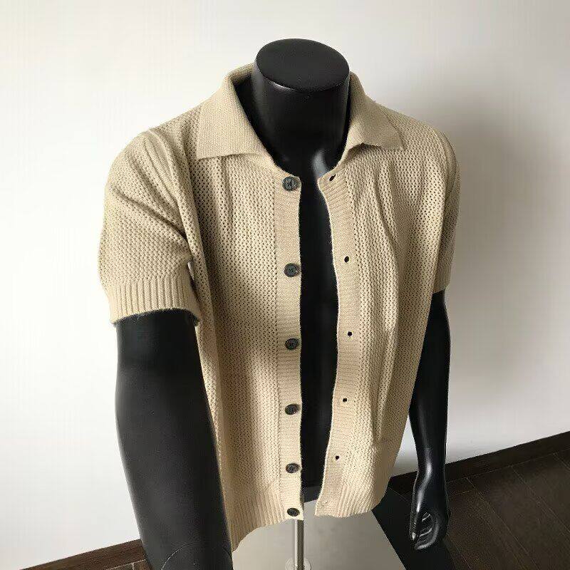 大码美式复古针织短袖衬衫男夏老钱风高级感半袖cleanfit衬衣外套