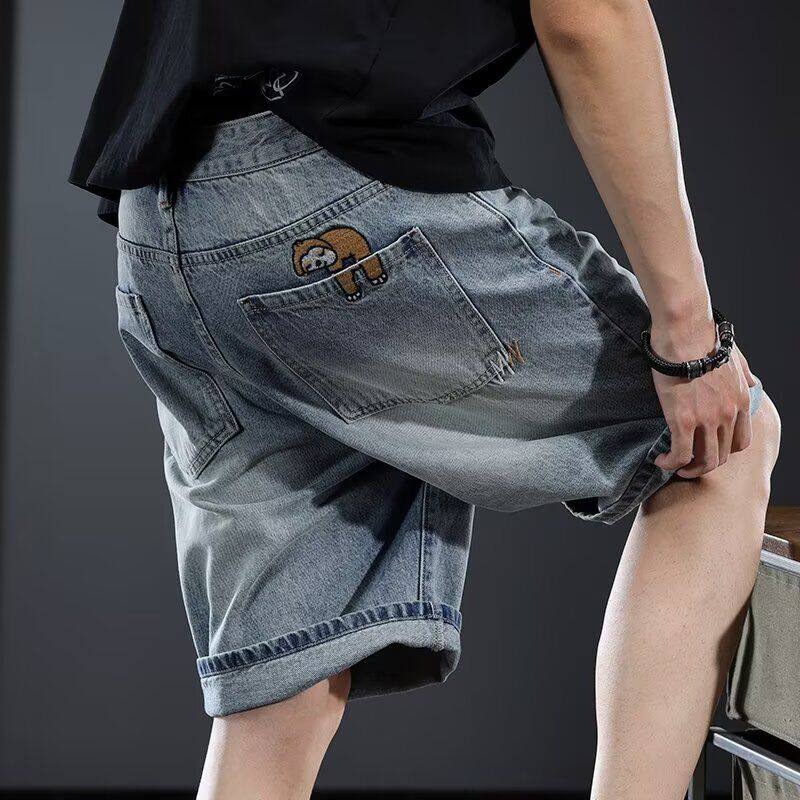 夏季休闲短裤男大码浅色五分牛仔裤潮流刺绣高端男士直筒中裤