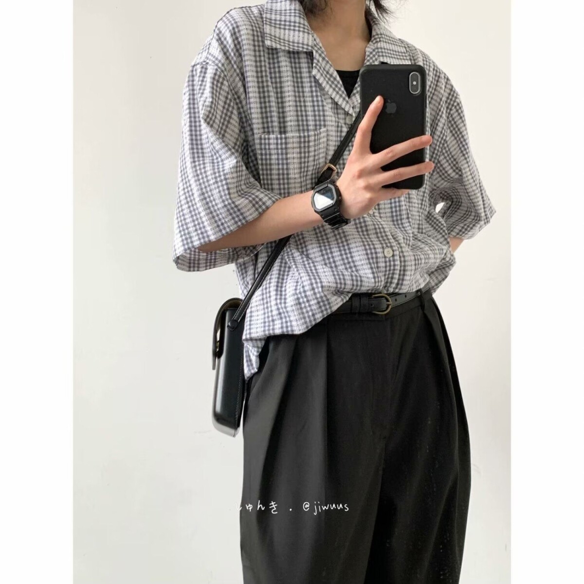 夏天日系古巴领小格子衬衫男女生学院风短袖小清新休闲宽松衬衣潮