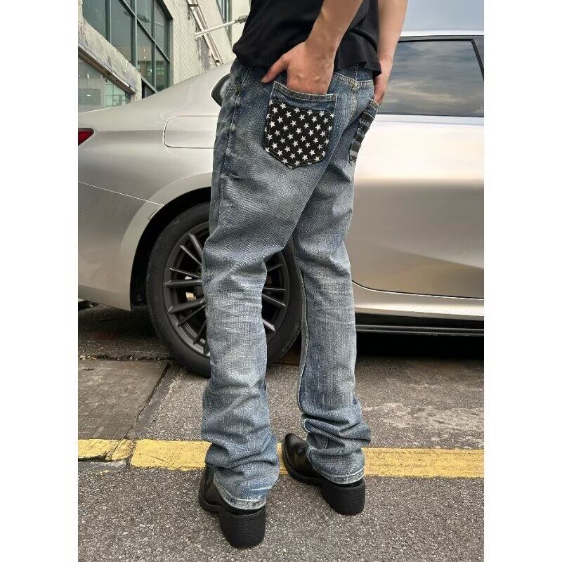 潮牌欧洲站蓝色牛仔裤男秋季新款修身小脚时尚百搭休闲长裤子