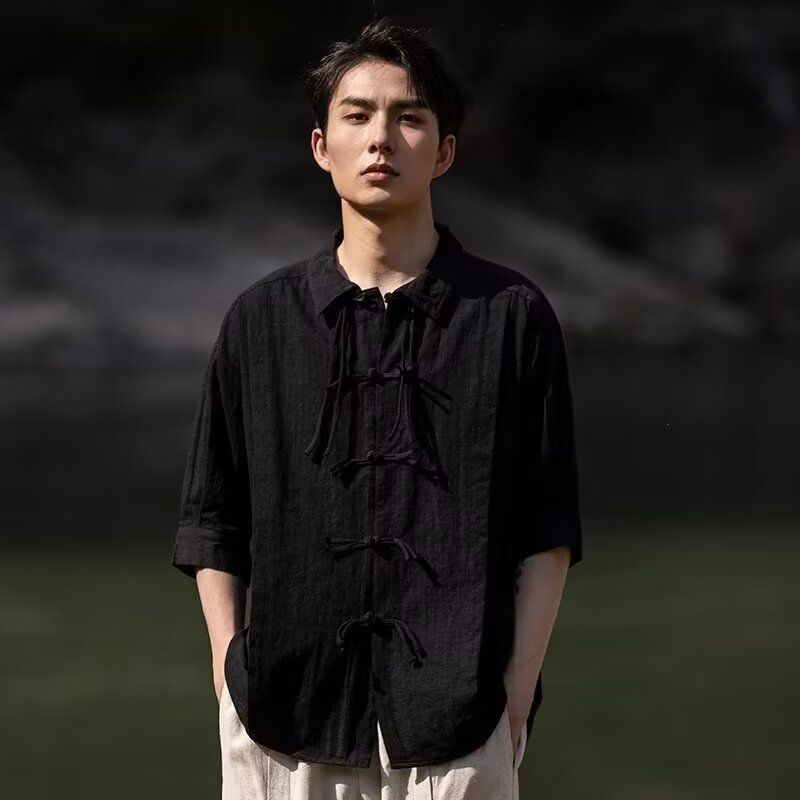 新款短袖文艺原宿标准翻领夏季潮流唐装纯色衬衣男中式国风外套