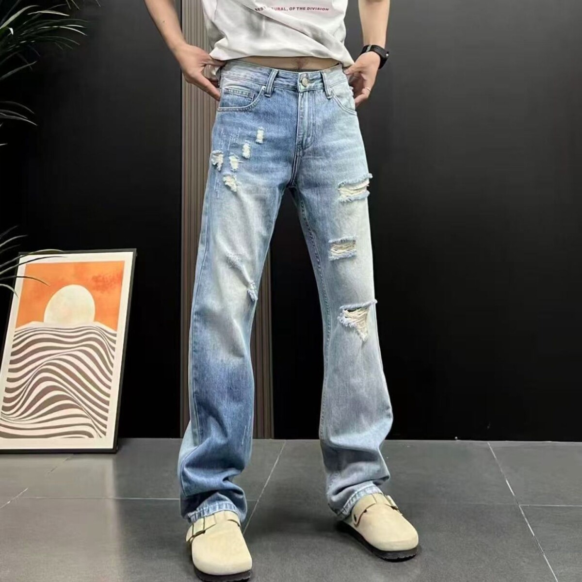 美式高街破洞牛仔裤男复古水洗做旧cleanfit微喇长裤子男女