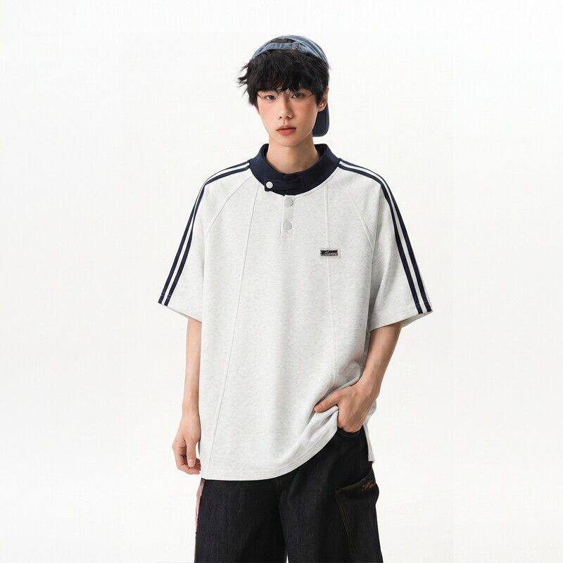 美式cleanfit条纹拼接短袖polo衫男女夏季重磅立领t恤撞色半截袖
