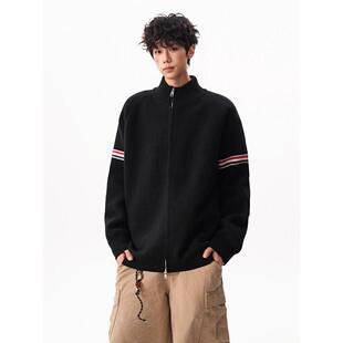 美式撞色条纹立领开衫毛衣男女秋冬季复古高级感双拉链针织衫外套