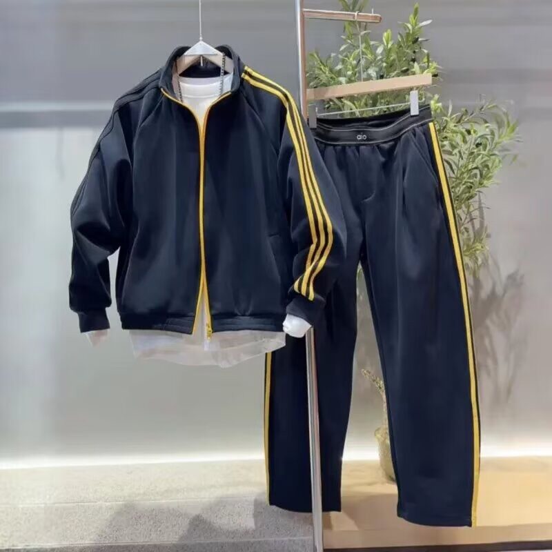 美式重磅三条杠立领卫衣外套男春秋宽松休闲运动拉链夹克开衫套装