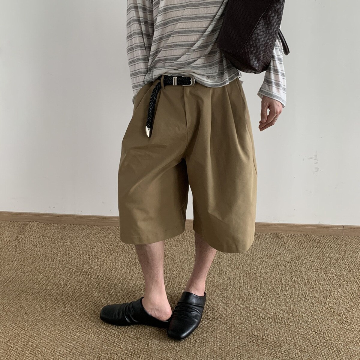 美式慵懒风纯色休闲裤男夏季复古百搭直筒短款宽松休闲七分裤