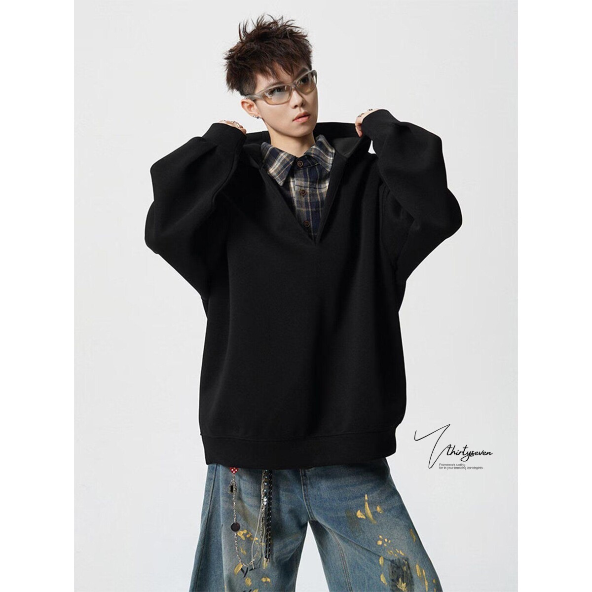 2026春秋慵懒风假两件连帽卫衣男高级感简约潮牌百搭时尚休闲上衣