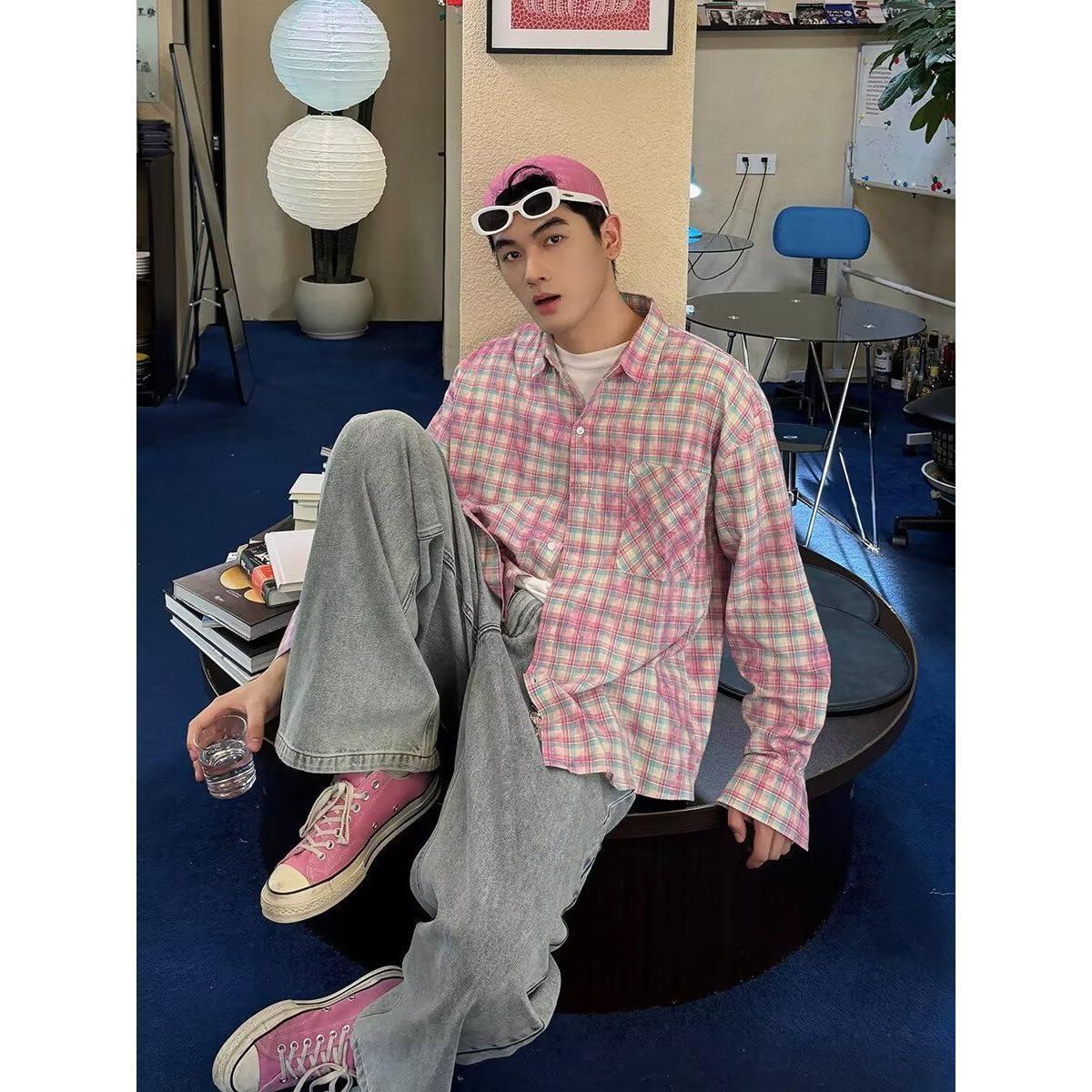 韩版oversize春秋灯笼袖大口袋宽松休闲格子衬衫设计感男女衬衣