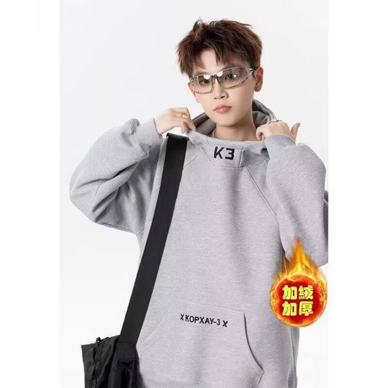 浅灰秋冬加绒加厚连帽卫衣男2026新款boxy廓形重磅外套高领套头