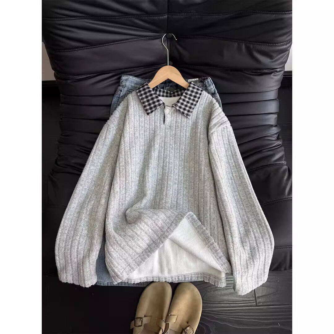 轻奢风男士个性翻领条纹提花修身薄款卫衣时尚休闲百搭商务上衣男