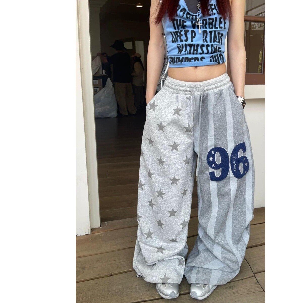 美式撞色星星拼接条纹阔腿长裤男女夏季复古慵懒风休闲弯刀卫裤