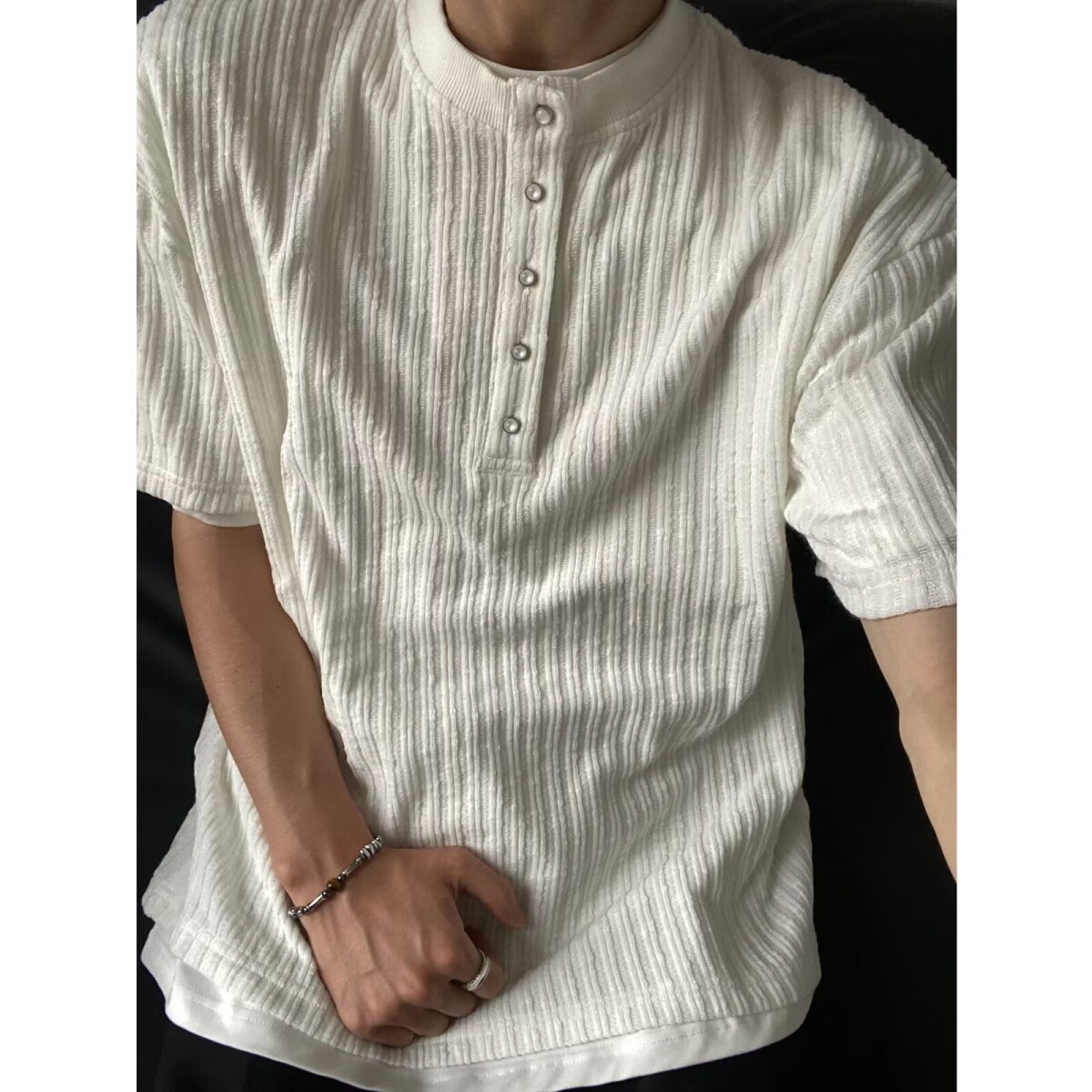 白色polo衫男美式复古亨利领短袖男款重磅t恤宽松纯色上衣服