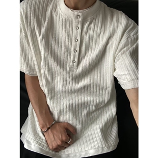 白色polo衫男美式复古亨利领短袖男款重磅t恤宽松纯色上衣服