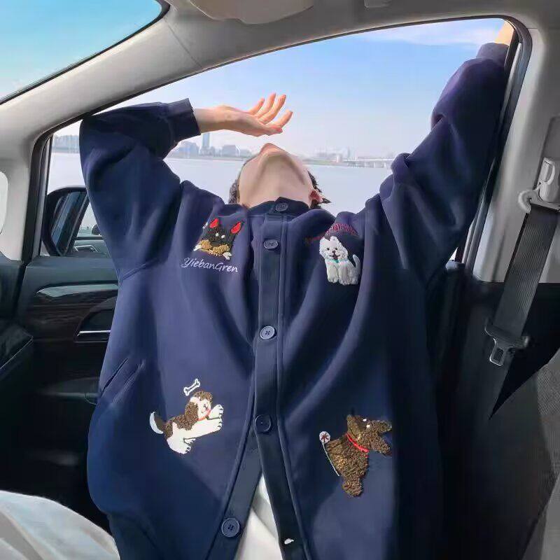 春秋季复古潮牌毛巾绣重磅开衫卫衣女潮牌情侣百搭休闲夹克外套