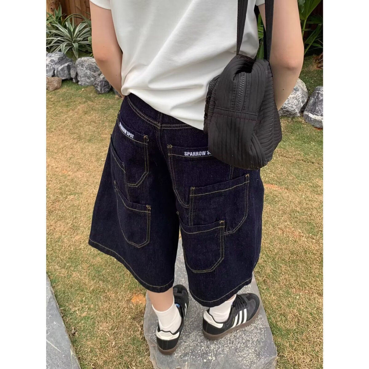 老钱风美式刺绣牛仔七分裤男高街潮牌工装短裤直筒过膝学生阔腿裤