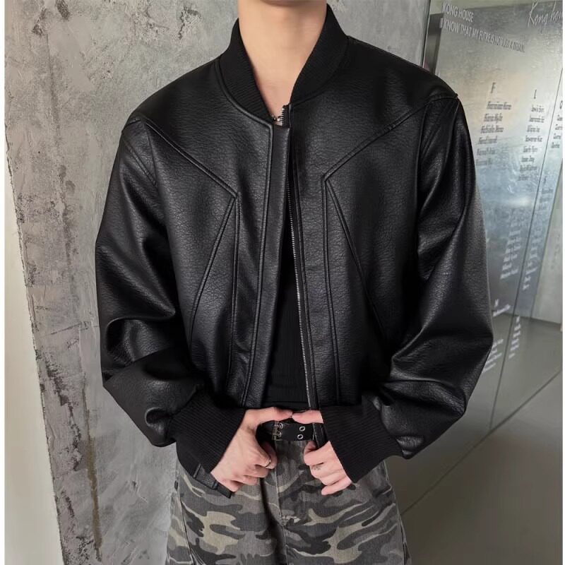 短款皮衣外套男痞帅高级感解构棒球服美式飞行员机车夹克
