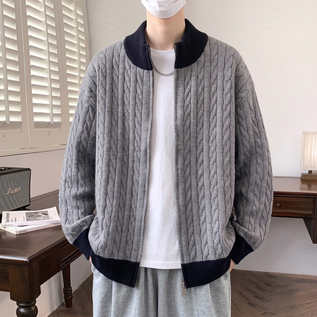 竖条纹绞花复古开衫半高领撞色毛衣男女款秋冬休闲慵懒针织衫外套