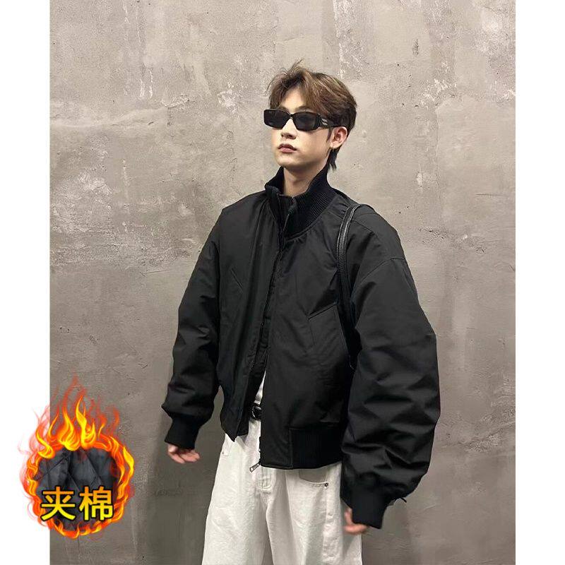 美式卡其色廓形飞行夹克棉服男秋冬潮牌宽松百搭痞帅立领棉衣外套