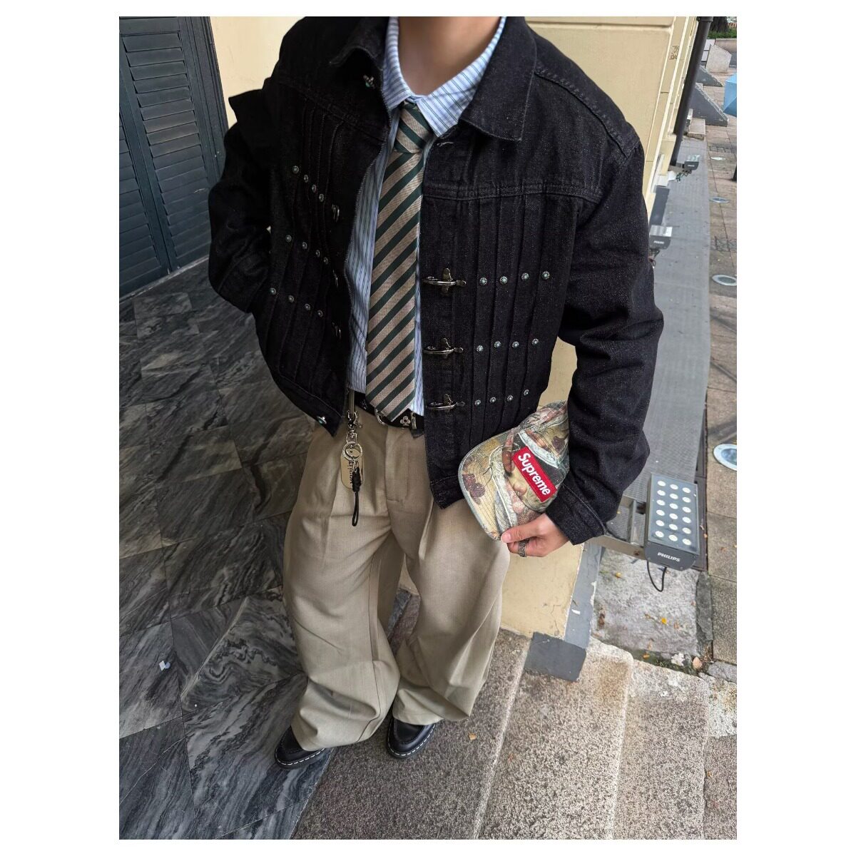 高奢级暗黑牛仔夹克男女秋冬飞机扣外套立体压褶原牛上衣
