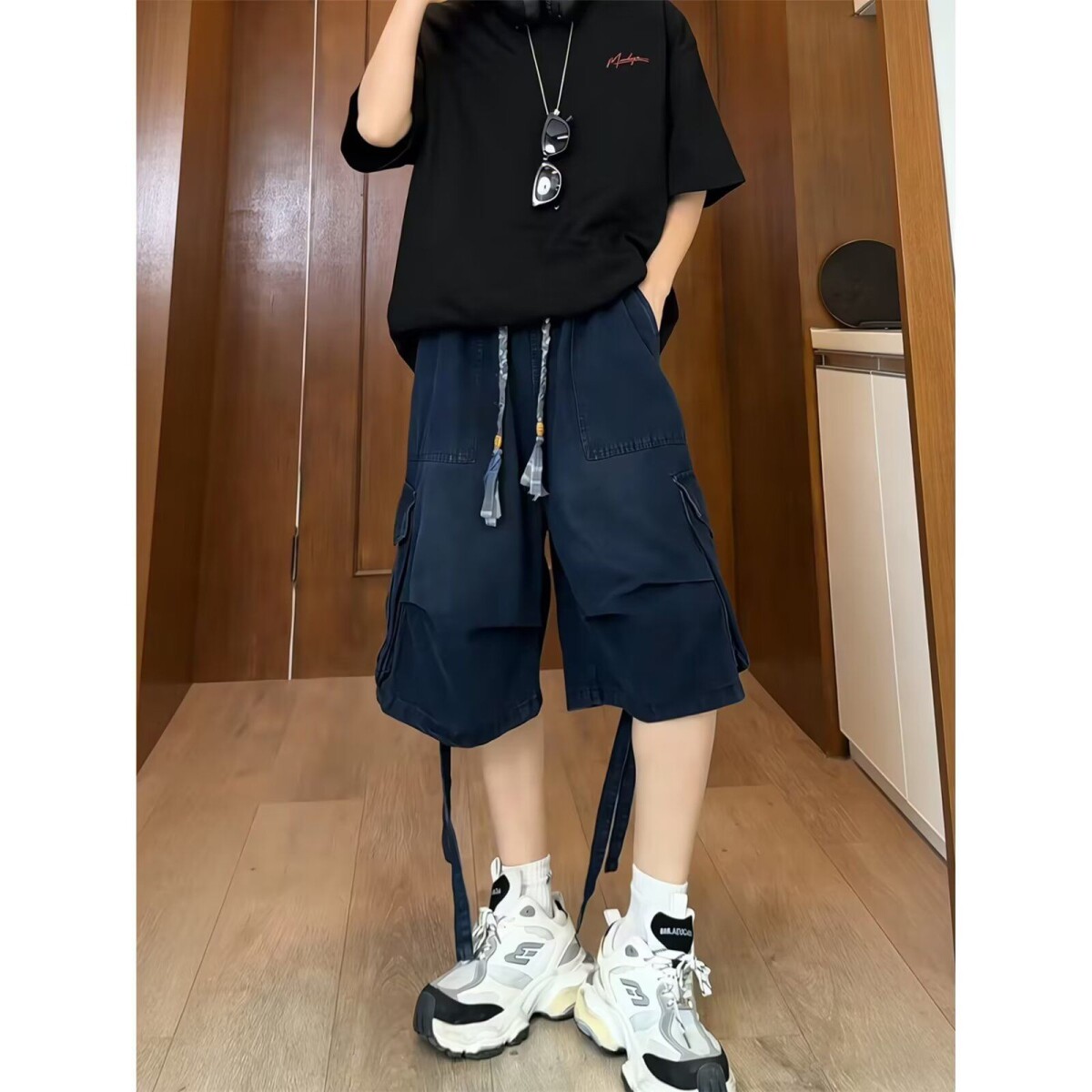 美式高街复古水洗大口袋阔腿七分牛仔裤女夏季潮牌百搭宽松短裤子