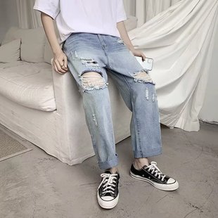 2024夏季潮牌潮流宽松直筒破洞牛仔裤男款乞丐裤复古炸街痞帅裤子
