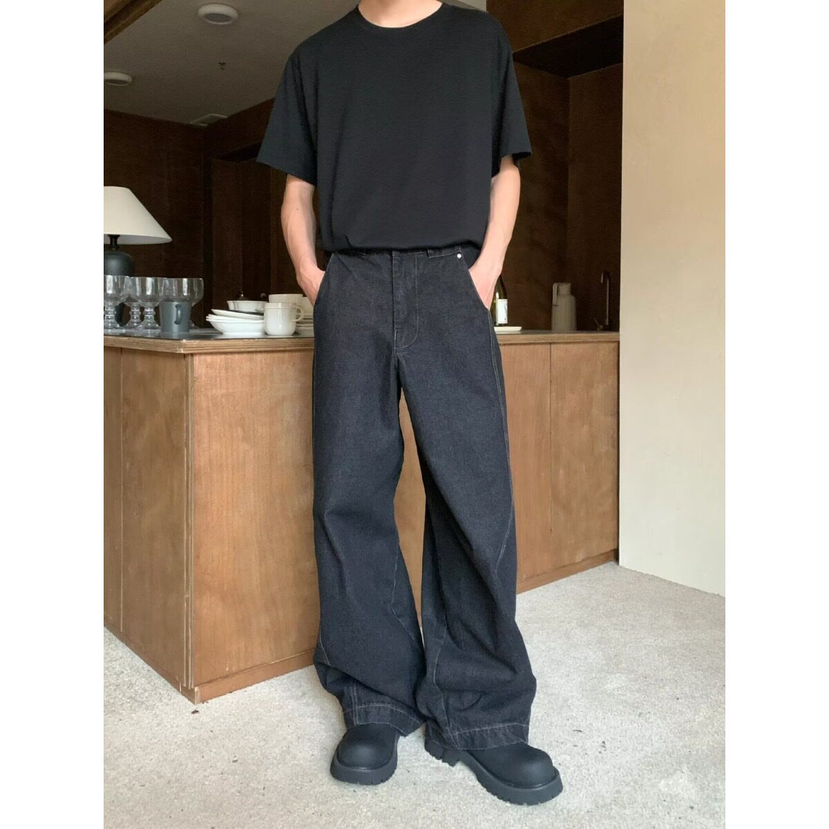 日系复古大码oversize牛仔裤男潮牌夏季宽松百搭休闲阔腿老爹长裤
