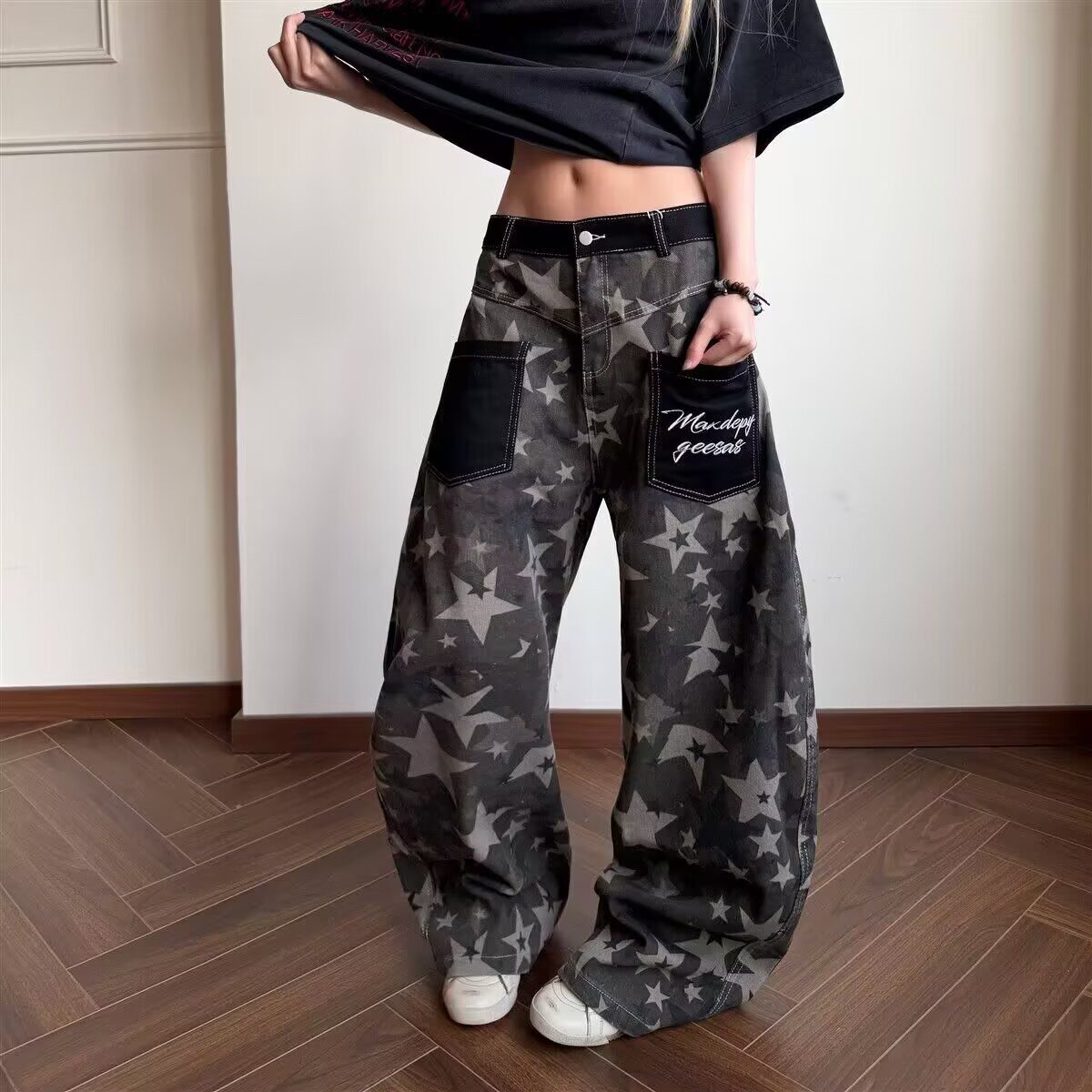 复古港风牛仔裤女秋季新款星星印花宽松垂坠感显瘦高腰拖地阔腿裤