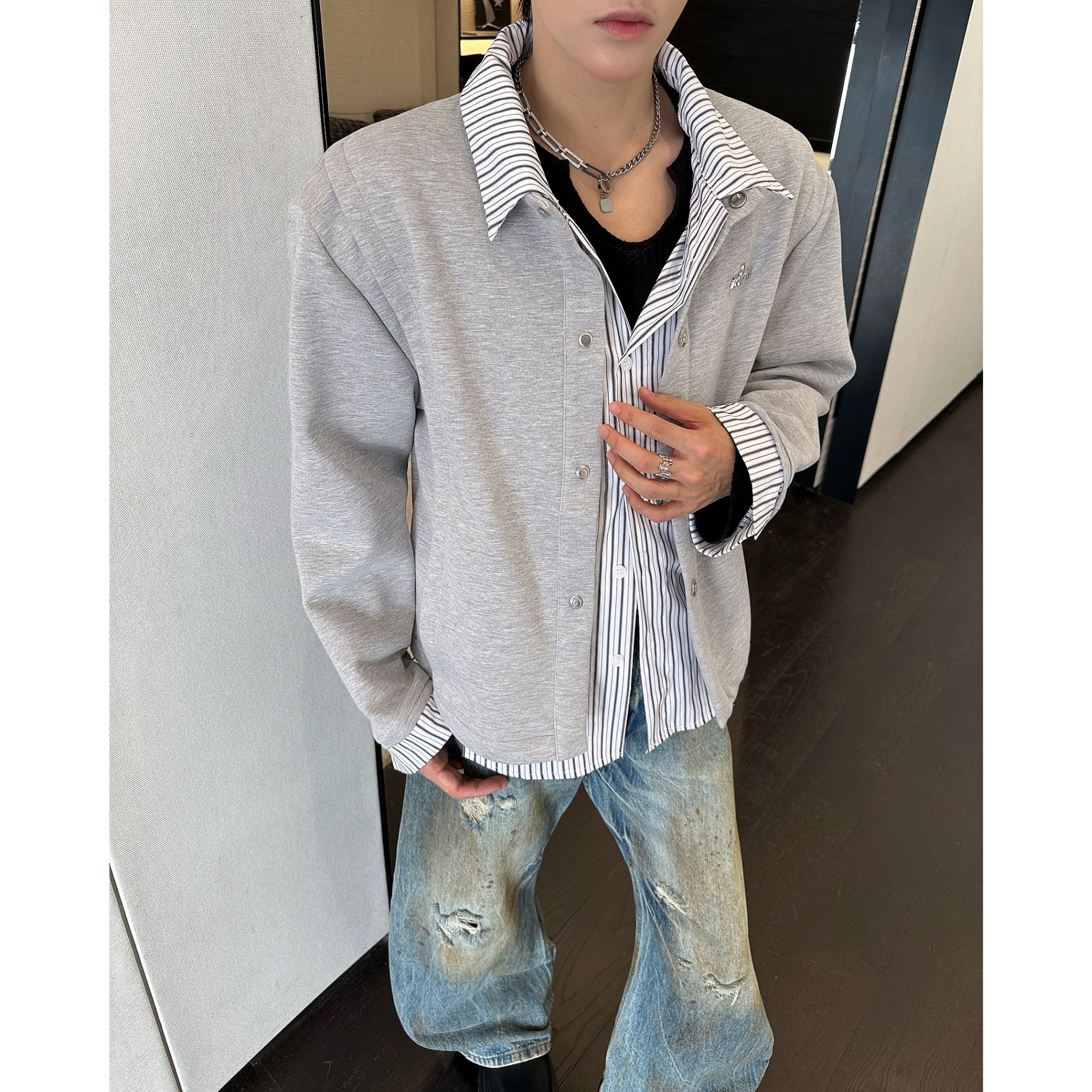 乱潮乱潮美式复古假两件条纹长袖卫衣男款春秋款潮牌宽松衬衣外套